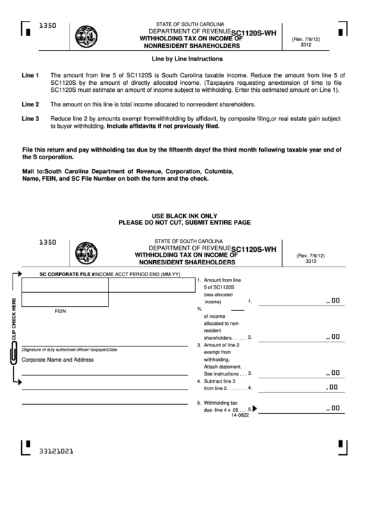 Fillable Form Sc1120s-Wh - Withholding Tax On Income Of Nonresident Shareholders Printable pdf