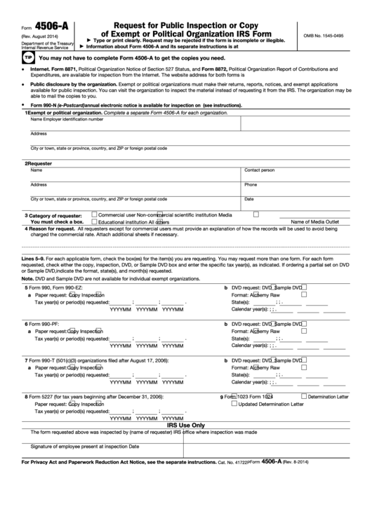 Fillable Form 4506-A - Request For Public Inspection Or Copy Of Exempt Or Political Organization Irs Form Printable pdf