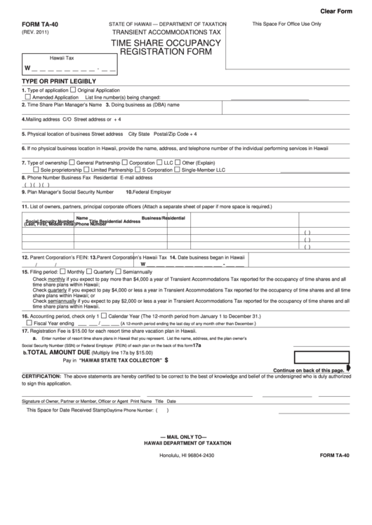 Fillable Form Ta-40 - Time Share Occupancy Registration Form Printable pdf