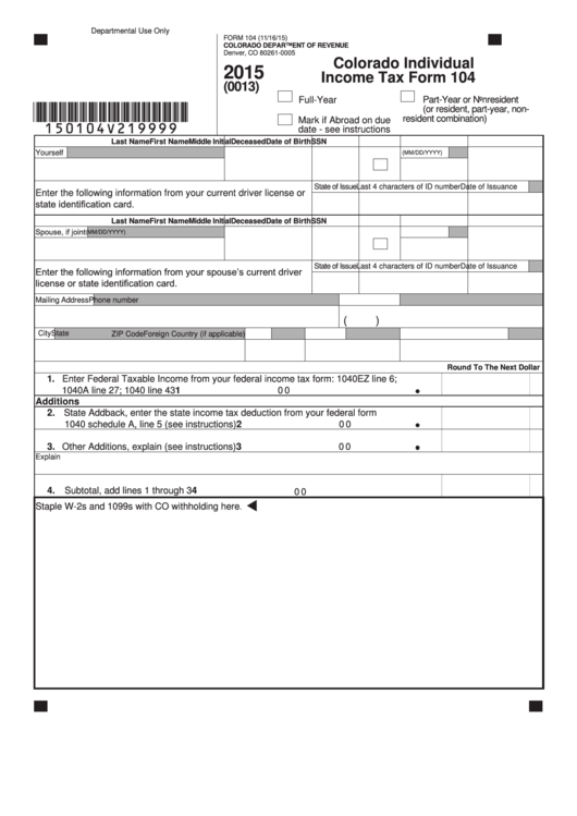 Fillable Form 104 Colorado Individual Income Tax 2015 Printable Pdf Download