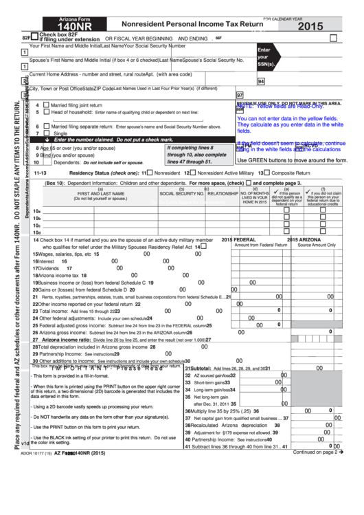 Fillable Arizona Form 140nr - Nonresident Personal Income Tax Return - 2015 Printable pdf