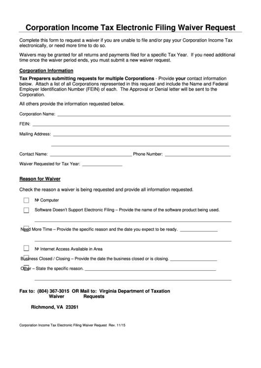 Fillable Corporation Income Tax Electronic Filing Waiver Request Form Printable pdf