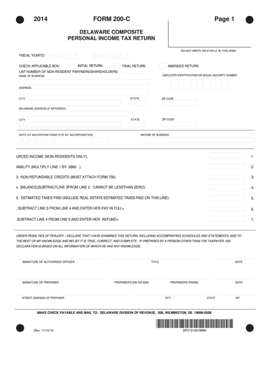 Fillable Form 200-C - Delaware Composite Personal Income Tax Return - 2014 Printable pdf