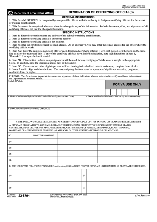 Va Form 22-8794 - Designation Of Certifying Official(S) Printable pdf