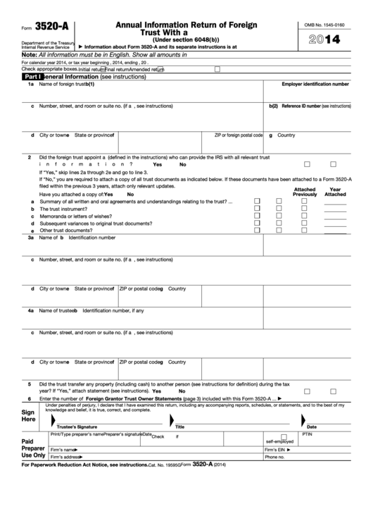 Fillable Form 3520-A - Annual Information Return Of Foreign Trust With A U.s. Owner - 2014 Printable pdf