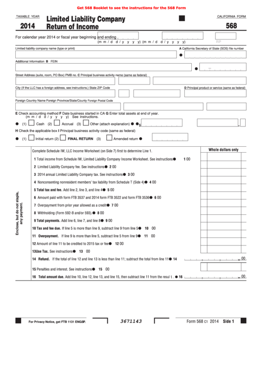 Fillable California Form 568 - Limited Liability Company Return Of Income - 2014 Printable pdf
