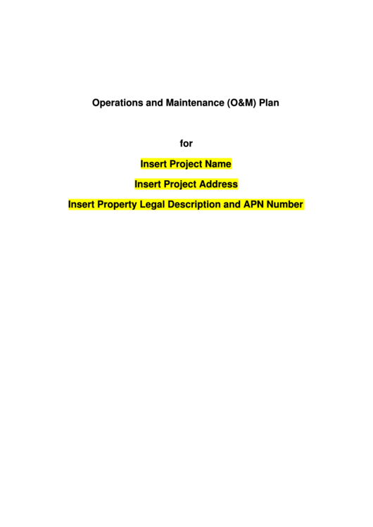 Operations And Maintenance (o&m) Plan For Project Template
