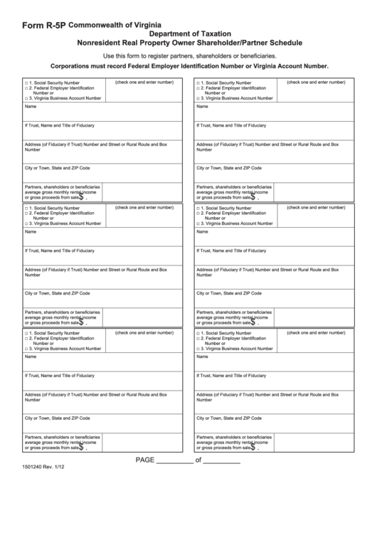Fillable Form R-5p - Nonresident Real Property Owner Shareholder/partner Schedule Printable pdf
