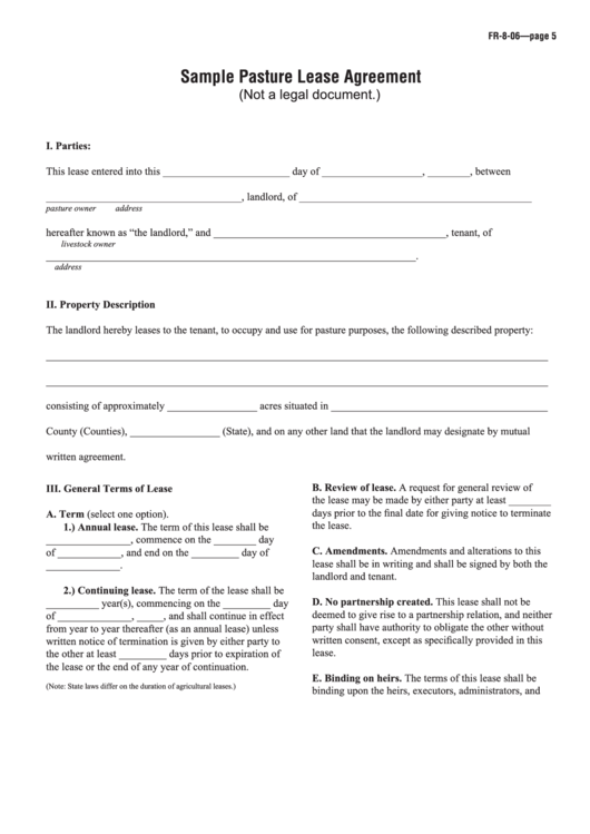 Form Fr-8-06 - Sample Pasture Lease Agreement Printable pdf