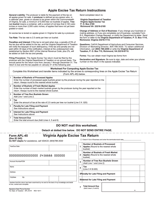 Fillable Form Apl-45 - Virginia Apple Excise Tax Return Printable pdf
