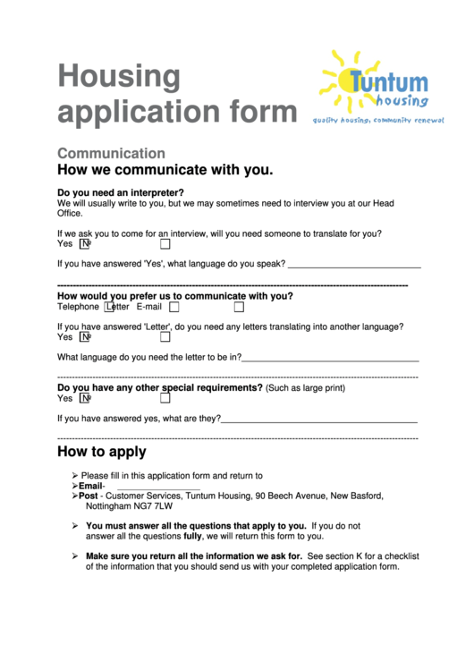 Housing Application Form Printable pdf