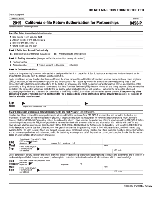 Form 8453-P - California E-File Return Authorization For Partnerships - 2015 Printable pdf