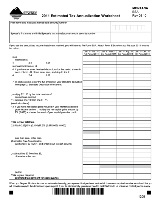 Fillable Form Esa - Estimated Tax Annualization Worksheet - 2011 Printable pdf