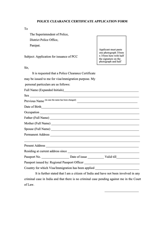 Police Clearance Certificate Application Form Printable pdf