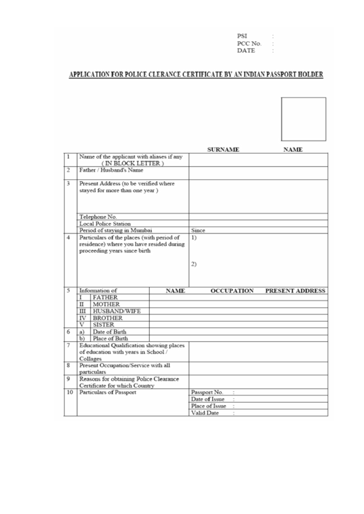 Application For Police Clearance Certificate By An Indian Passport Holder Printable pdf
