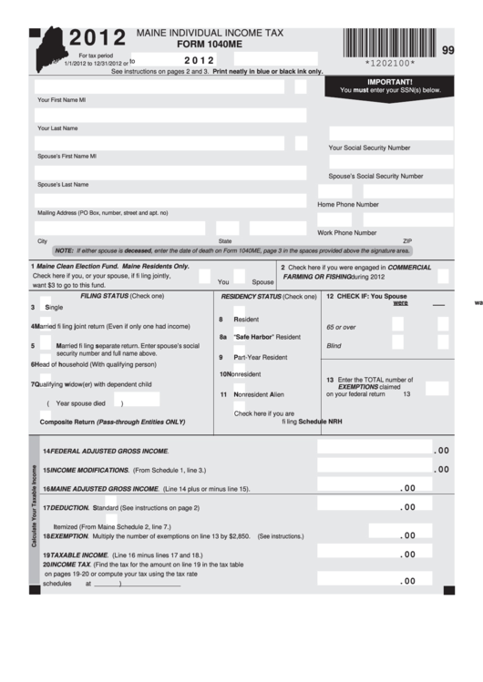 Fillable Form 1040me - Maine Individual Income Tax - 2012 Printable pdf