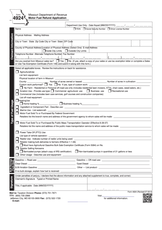 Fillable Form 4924 - Motor Fuel Refund Application Printable pdf