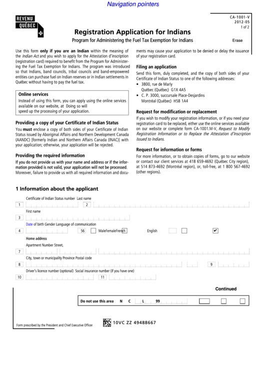 Fillable Form Ca-1001-V - Registration Application For Indians Printable pdf