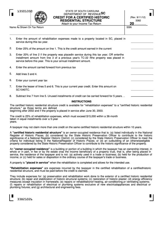 Fillable Form Sc Sch.tc-22 - Credit For A Certified Historic Residential Structure Printable pdf