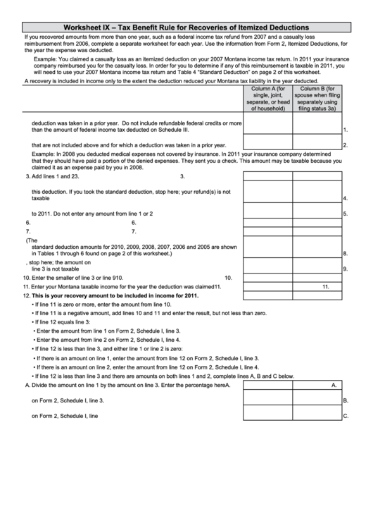 Worksheet Ix - Tax Benefit Rule For Recoveries Of Itemized Deductions Printable pdf