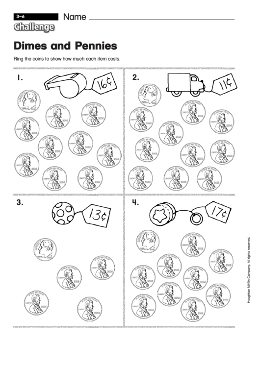 Dimes And Pennies - Math Worksheet With Answers Printable pdf