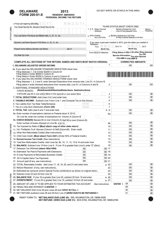 Fillable Form 200-01-X - Resident Amended Personal Income Tax Return - 2013 Printable pdf