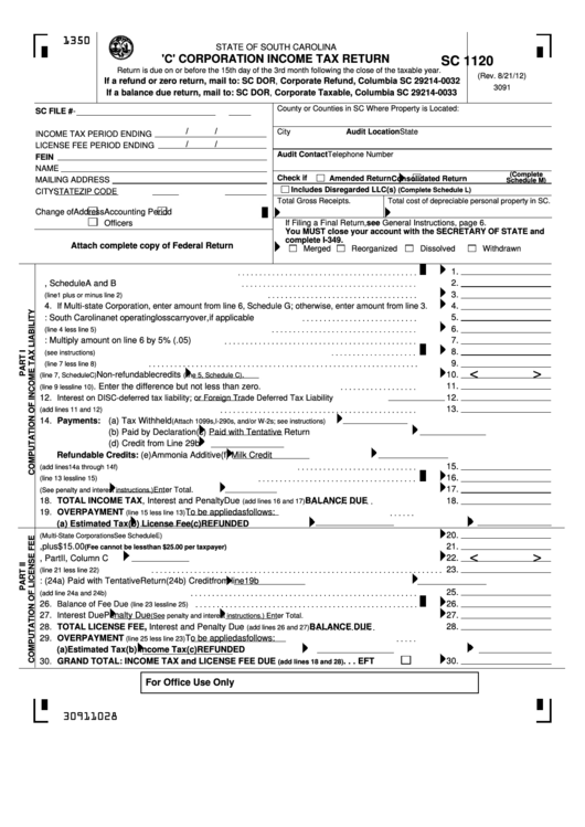 Fillable Form Sc 1120 'C' Corporation Tax Return printable pdf