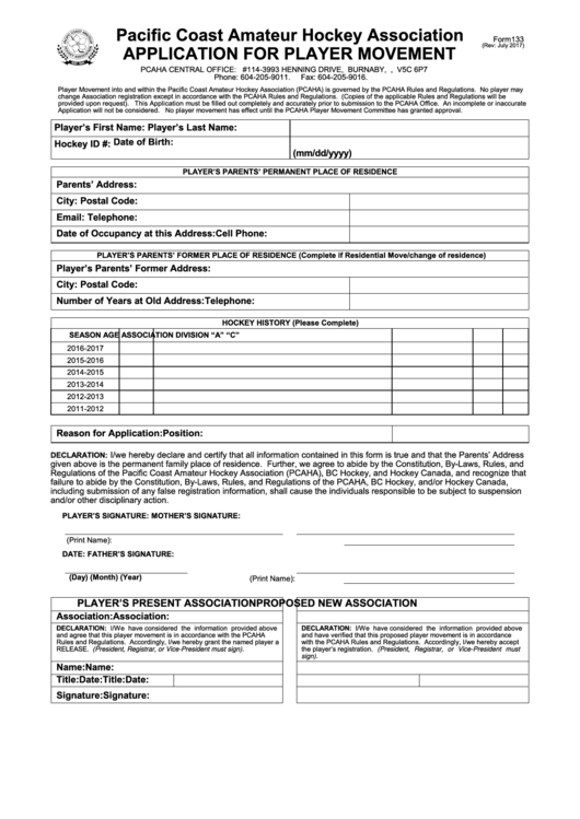 Fillable Form133 - Application For Player Movement Printable pdf