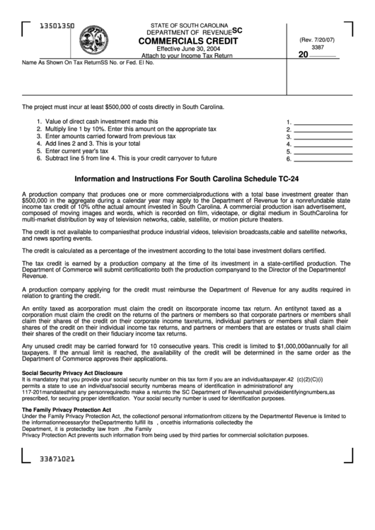 Form Sc Sch.tc-24 - Commercials Credit Printable pdf
