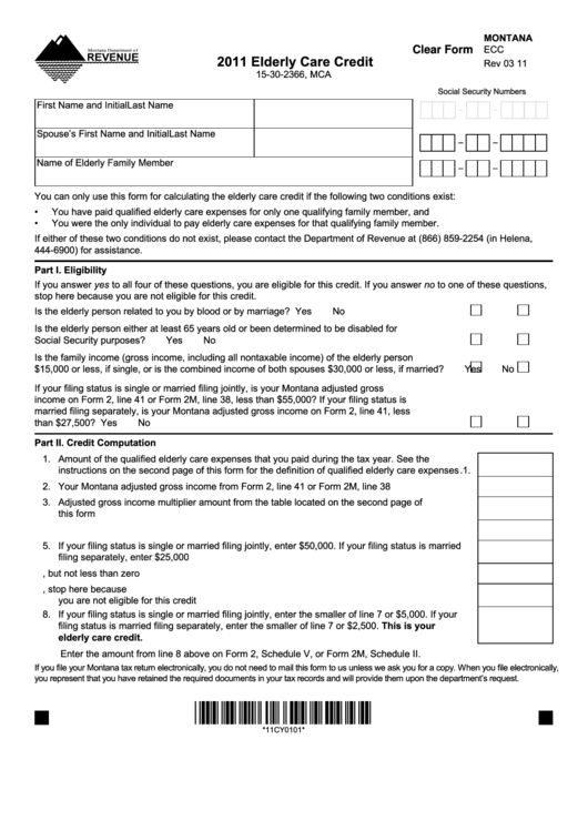 Fillable Form Ecc - Elderly Care Credit - 2011 Printable pdf