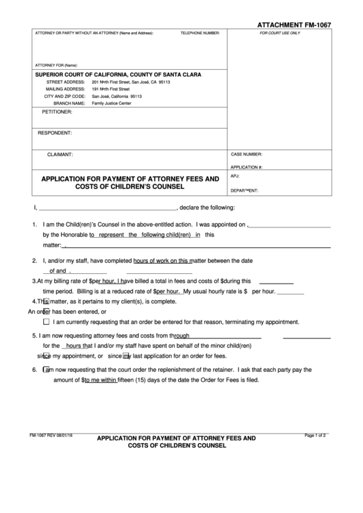 Fillable Form Fm-1067 - Application For Payment Of Attorney Fees And Costs Of Children