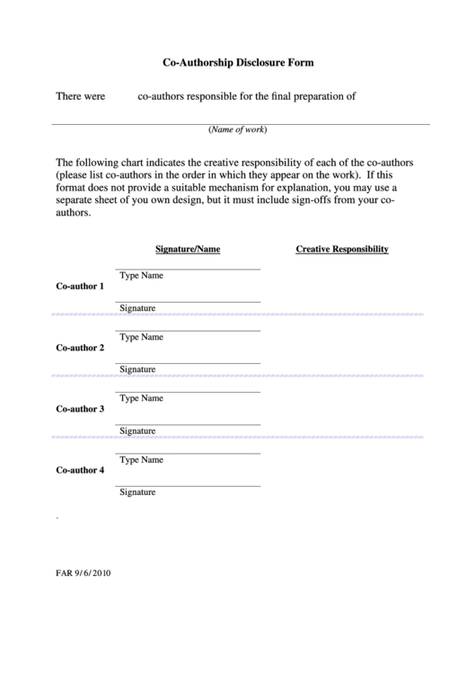 Fillable Form Far - Co-Authorship Disclosure Form Printable pdf