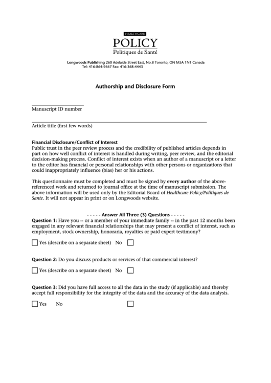 Authorship And Disclosure Form Printable pdf