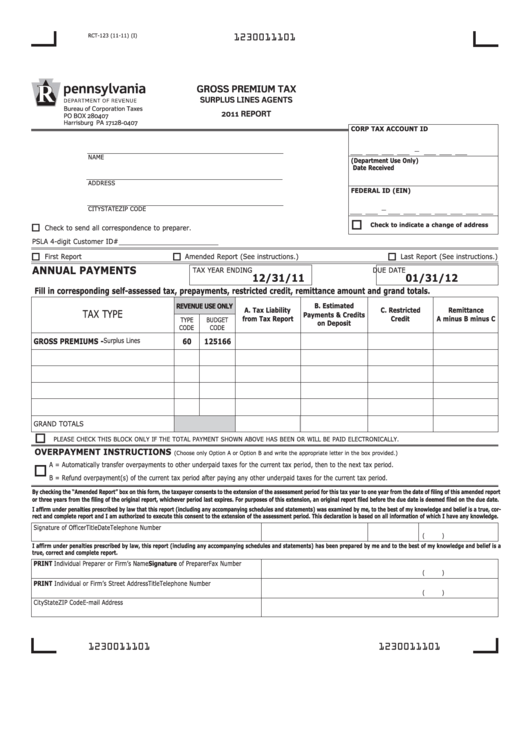 Form Rct-123 - Gross Premium Tax Surplus Lines Agents - 2011 Printable pdf