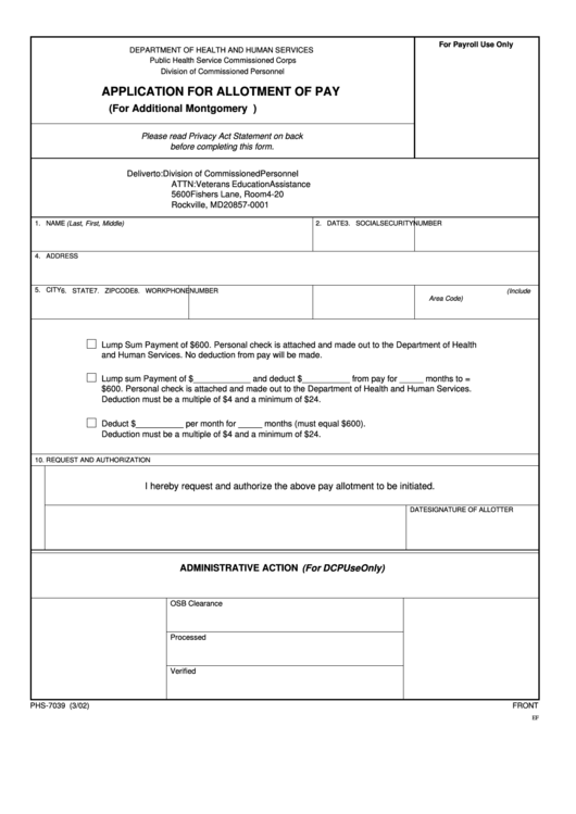 Form Phs-7039 - Application For Allotment Of Pay Printable pdf