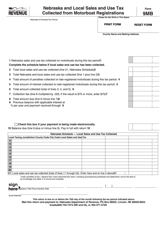 Fillable Form 9mb - Nebraska And Local Sales And Use Tax Collected From Motorboat Registrations Printable pdf