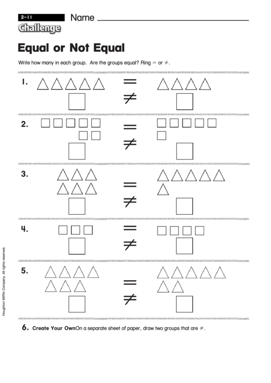 Equal Or Not Equal - Math Worksheet With Answers Printable pdf