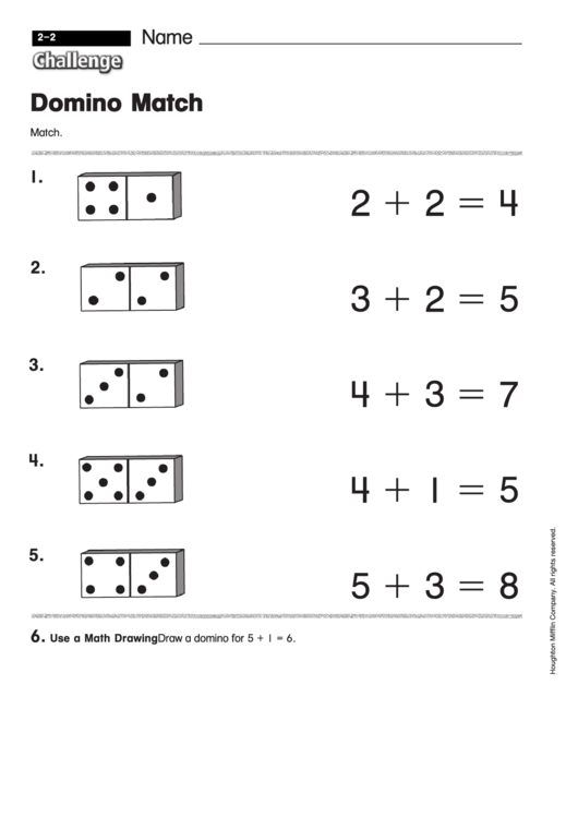 Domino Match - Addition Worksheet With Answers
