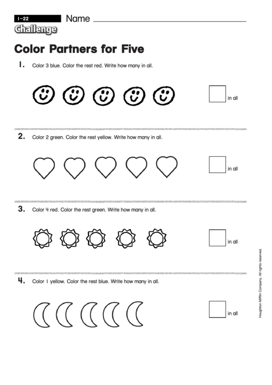 Color Partners For Five - Math Worksheet With Answers Printable pdf