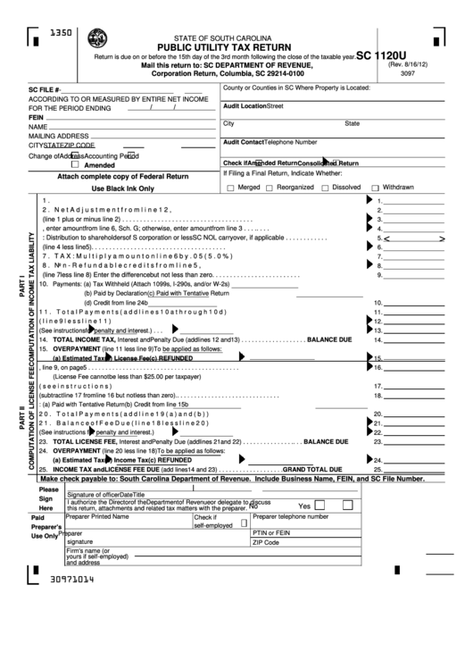 Fillable Form Sc 1120u - Public Utility Tax Return Printable pdf