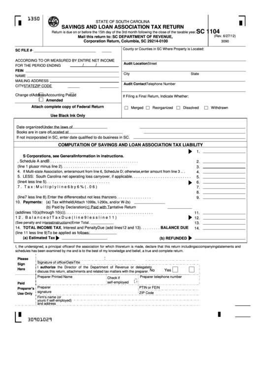 Fillable Form Sc 1104 - Savings And Loan Association Tax Return Printable pdf
