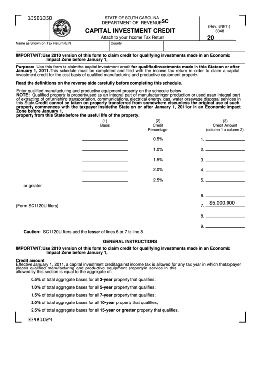 Form Sc Sch.tc 11 - Capital Investment Credit Printable pdf