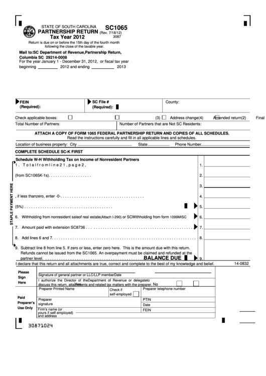 Fillable Form Sc1065 - Partnership Return - 2012 Printable pdf