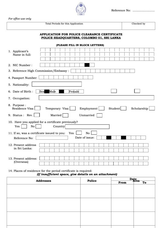 Application For Police Clearance Certificate
