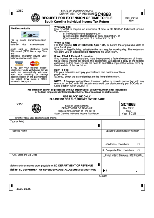 Fillable Form Sc4868 - Request For Extension Of Time To File South Carolina Individual Income Tax Return - 2012 Printable pdf