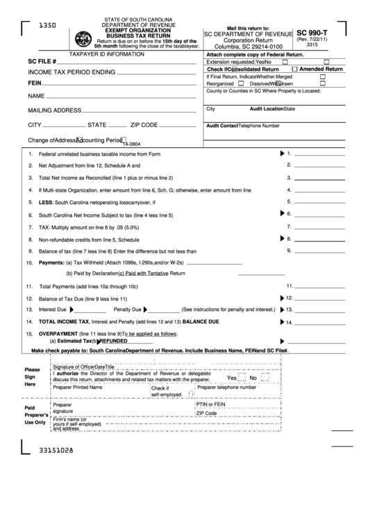 Form Sc 990-T - Exempt Organization Business Tax Return Printable pdf