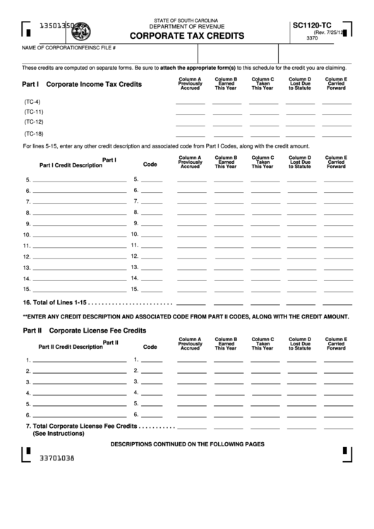 Fillable Form Sc1120-Tc - Corporate Tax Credits Printable pdf