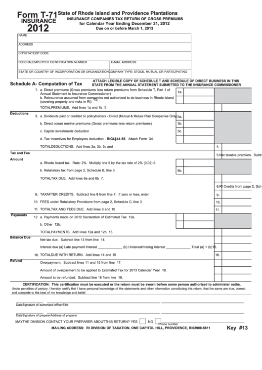 Fillable Form T-71 - Insurance Companies Tax Return Of Gross Premiums - 2012 Printable pdf