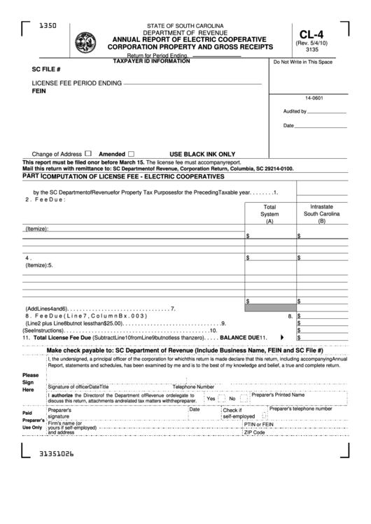 Fillable Form Cl-4 - Annual Report Of Electric Cooperative Corporation Property And Gross Receipts Printable pdf