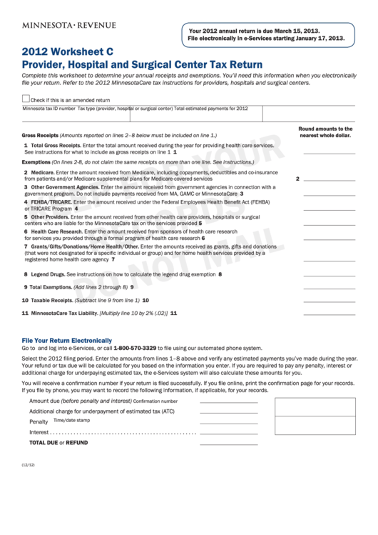 Fillable Worksheet C - Provider, Hospital And Surgical Center Tax Return - 2012 Printable pdf